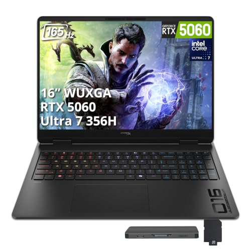 Image of HP HyperX OMEN 16 inch 165Hz WUXGA Gaming Laptop, Intel Core Ultra 7 356H, GeForce RTX 5060, 16GB DDR5, 2TB Storage(1TB SSD+1TB Docking Station), RGB Backlit Keyboard, WiFi 7, Win 11 Pro, Shadow Black