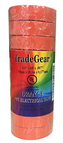 Image of TradeGear Orange 10 Pack - UL Listed Colored Electrical Tape, 60 ft x 3 /4 in, 600V, Flame Retardant, Waterproof, Rubber Adhesive - Phase Marking, Wire ID, Automotive
