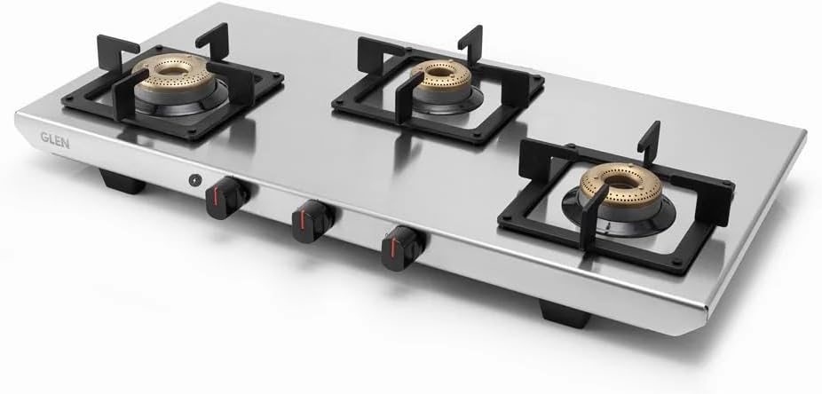 Glen 4 Burner Ultra Tuff Stainless Steel Gas Stove |Silver| Forged Brass Burner With 5 Year Warranty| ISI Certified|Revolving Inlet Nozzle| 2 Year Warranty On Product | 1054 UT SS (3 Burner Auto)
