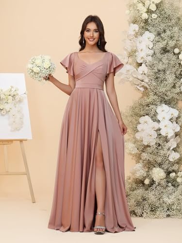 RSOETOO Short Sleeves Bridesmaid Dresses for Women 2025 Chiffon Long V Neck Formal Party Dress with Slit RO3594