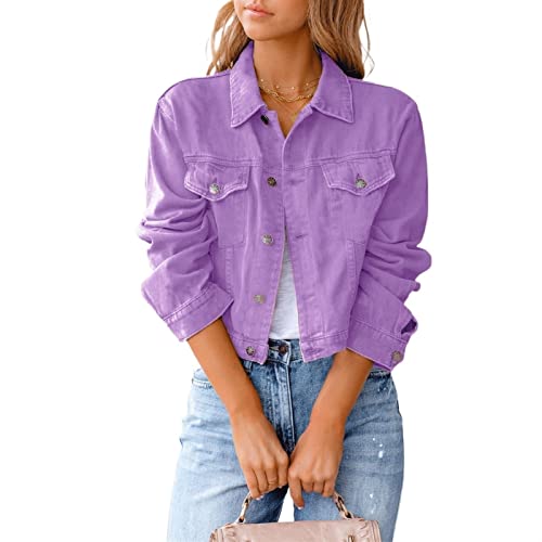 SADWF Jeansjacke für Frauen Button Down Langarm Vintage farbige Jeansjacke (Color : Purple, Size : 3XL) Cover