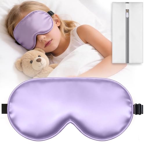 Kids Sleep Mask Kids Eye Mask for Boys Girls Kid Silk Eye Masks with Adjustable Strap for Sleeping 100% Light-Blocking Sleep Eye Cover Includes Protective Laundry Bag (Purple)