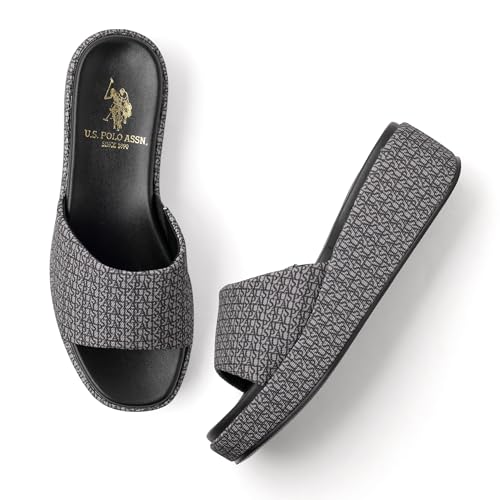 Image of U.S. POLO ASSN. Savina Brown Monogram Print Wedges With Premium Upper