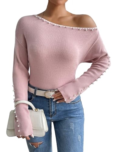 Image of WDIRARA Women's Pearls Beaded One Cold Shoulder Sweater Long Sleeve Asymmetrical Knit Top