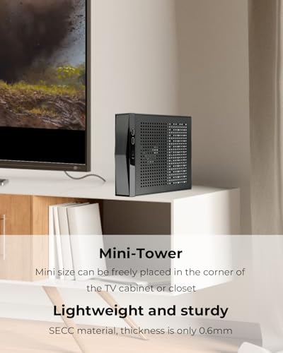Gabinete Mini ITX SFF de Forma Compacta, Chasis para Computadora Mini Torre de Acero Aleado de 0,6 mm con Panel de Ventilación Circular, Compatible con Placas Base Mini ITX (170 × 170 mm) y Cargador de Laptop miniatura 4