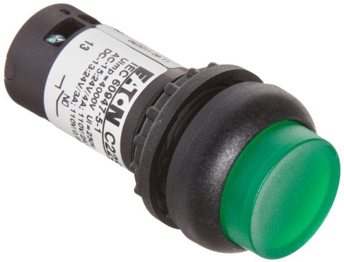 Image of Eaton C22S-DRLH-G-K10-120 Pushbutton Switch, Illuminated, Extended Mounted, Maintained Operation, Green LED Color, Black Bezel Color, SPST-NO Contacts, 120VAC Voltage