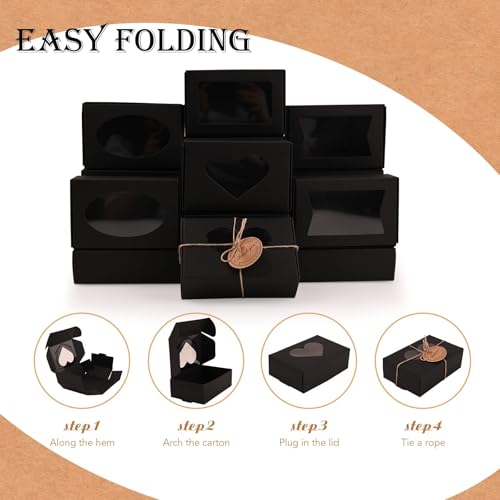 Pack of 24 Kraft Paper Gift Boxes with Viewing Window - 9 x 6 x 3 cm, Schwarze klein Geschenkbox , for Biscuits, Chocolates, and Sweets, für Hochzeit Geburtstag Weihnachten Packaging Gift Boxes