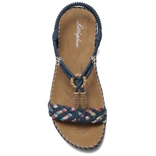 Image of Littleplum Women Sandals Arch Support Handmade Bohemian Braided Flat Sandals Comfort Walking Beach Ankle Elastic Summer Shoes