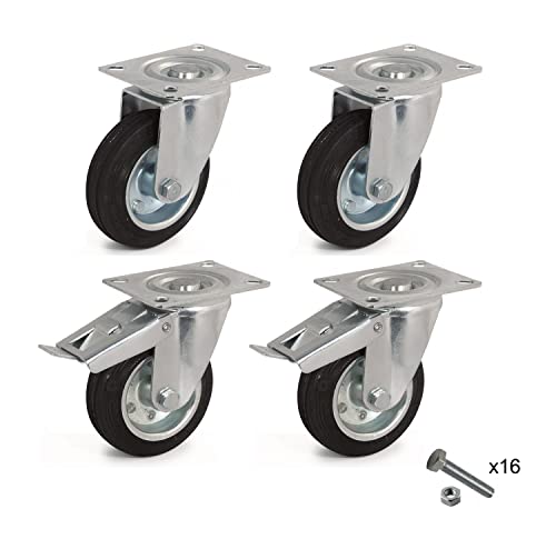 Castors Wheels - Kit 4 Ruote industriali 80 mm in acciaio e gomma 2 con freno - ruote pivotanti per carrello e carichi pesanti - portata max 200 kg - Rotelle per mobili, banchi da lavoro e fai da te