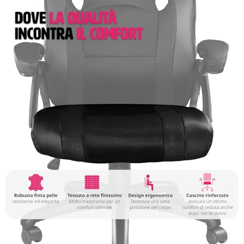 ® Sedia da Ufficio Ergonomica, Poltrona Gaming con Rivestimento in Similpelle, Regolabile in Altezza, Rotazione a 360 Gradi, Base Stabile con 5 Rotelle, Design Sportivo - Nero - Sedia gaming - Immagine 8