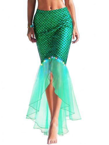 GORAIS Womens Mermaid Tail Skirt Light Up Green Fish Scale Tulle Long Adult Skirts