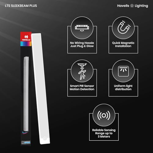 Image of Havells SLEEKBEAM NEO 300MM 1W Rechargeable Motion Sensor LED Light for Wardrobe, Closet, Cabinet, Kitchen, Under Stairs, Drawer, Shelf, Garage, Quick Magnetic Self Installation| Type-C Charging