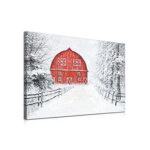 Yelash Red Barn Christmas Pictures Wall Art Decor Snowy Barn House Winter Theme Picture Print On Canvas For Kitchen And Living Room With Frame And Ready To Hang (10"X15"X1 Panel) #TOP1