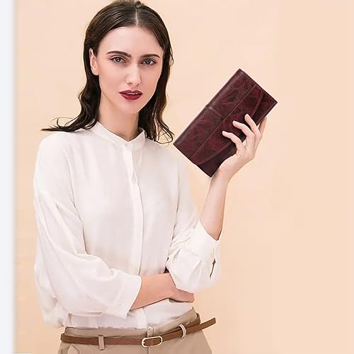 Large Capacity Genuine Leather Wallet for Women RFID Blocking Clutch with Zipper Pocket (Dark Burgundy)3