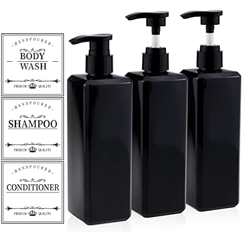 Black Shampoo Bottles with Pump - Kimqi 3 Pack 16oz Shampoo Conditioner Body Wash Bottles Empty - 500ml Body Wash Soap Dispenser - Shampoo and Conditioner Containers for Shower Cover