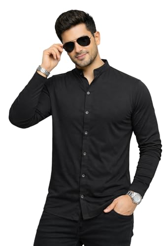 Image of Blisstone Men's Band Collar Shirt - Full Sleeve Slim Fit Casual Cotton Blend Mandarin Collar Button Down Shirt