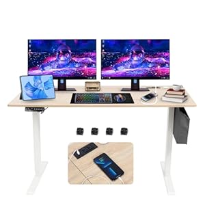55×24 Inch Electric Height Adjustable Standing Desk with Cable Management, Splice Board, Mouse Pad, 2-Outlet Power Strip with USB 20W Charger, and Casters（White Frame&Log Top）