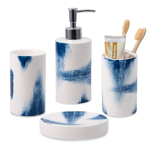 4 Piece Painted Ceramic Bathroom Accessory Set, Includes Soap Dispenser Pump, Toothbrush Holder, Tumbler, Soap Dish Sanitary, Ideas Home Gift for Ware Home Decor Bath(Blue & White)