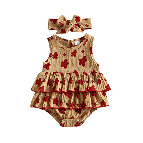 Image of Newborn Baby Girl Bodysuit Sleeveless Halter Frill Romper One-piece Jumpsuit with Headband Summer Clothes Set (Floral Ginger Sleeveless, 0-3 Months)