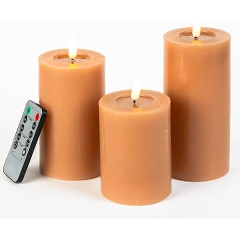 glowiu Pillar Flameless Candles Battery Operated with Remote (D3 x H 4" 5" 6") LED Pillar Candles Set of 3 Candles for Home, Festival, Party Decoration of Indoor and Outdoor Events (Light Coffee) Cover