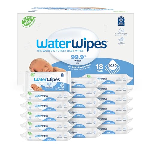 WaterWipes Plastic-Free Original Baby Wipes, 99.9% Water Based Wipes, Unscented & Hypoallergenic for Sensitive Skin, 1080 Count (18 packs)