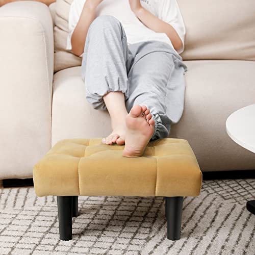 Image of HOUCHICS Small Footstool Ottoman,Velvet Soft Footrest Ottoman with Wood Legs,Sofa Footrest Extra Seating for Living Room Entryway Office(Yellow 1PACK)