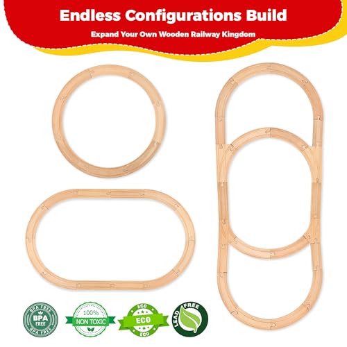 Image of Wooden Train Tracks 24 Pieces Set, Track Expansion Pack with Storage Bag - Includes Male /Female Adapters - 100% Compatible with All Major Brands Including Thomas, Brio, Melissa & Doug