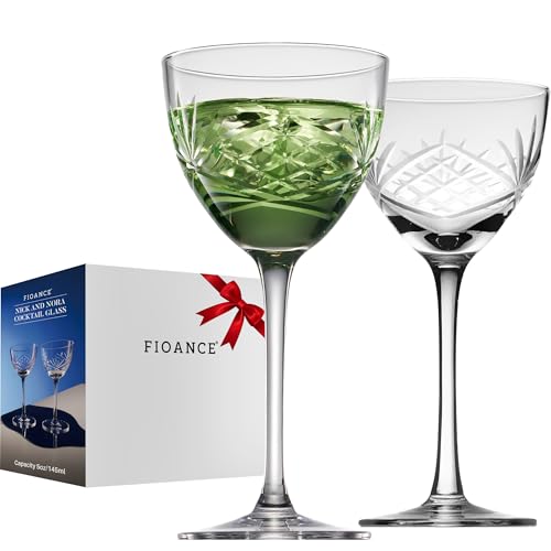 Fioance Nick and Nora Cocktail Glasses Set of 2 - Handcrafted 4.7 oz Lead-Free Crystal Glasses for Manhattan, Martini - Elegant Coupe Glass Design, Perfect for Home Bars and Gifting.