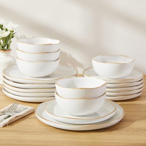 Image of Pokini 18 Piece White Reactive Glaze Dinnerware Set for 6, Irregular Coastal Shape Stoneware | Elegant & Minimal Design for Daily Family Dinners or Weekend Guests