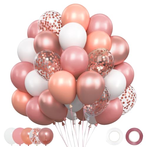 Ballon Rose Rétro - 62 Pièces 12Pouces Ballons Anniversaire avce Or rose nacré,Rose...
