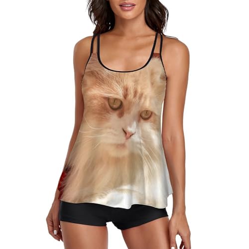 Robe de plage tankini femme dissimulant le ventre avec shorty imprimé chat