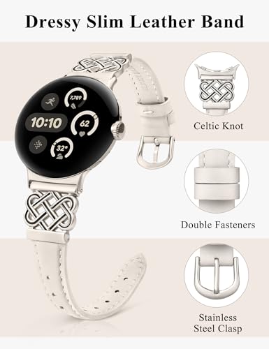 Image of TOYOUTHS Slim Leather Band Compatible with Google Pixel Watch 4 3 41mm /Pixel Watch 2 1 Band Women, Celtic Metal Dressy Thin Fashion Designer Premium Leather Strap for Google 4 3 2 1 Smartwatch
