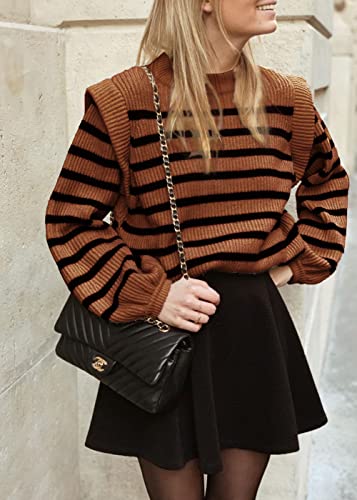 Prettygarden Women's Sweaters Casual Long Lantern Sleeve Crewneck Ribbed Knit Pullover Striped Jumper Tops Blouse (Brown,Large) #TOP2