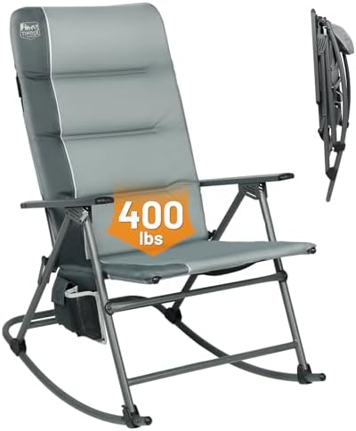 Timber Ridge Oversized Folding Rocking Camping Chair, Padded Outdoor Rocker with High Back, Portable Outdoor Chair for Patio, Garden, Lawn, Supports up to 400 lbs, Gray