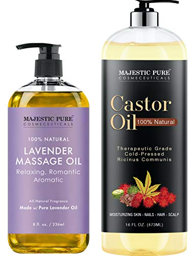 Majestic Pure Lavender Massage Oil 8 fl oz, and Pure Castor Oil 16 fl oz Bundle