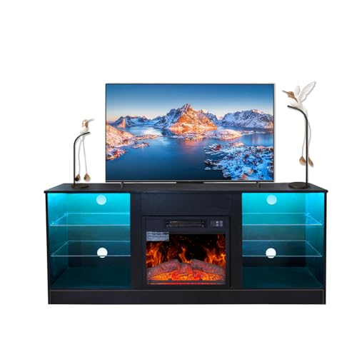 Fireplace TV Stand with LED Lights,Entertainment Center for TVs UP to 65″ Televisions,Modern TV Console with Electric Fireplace for Living Room Bedroom (Black)