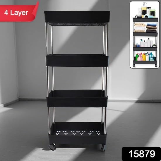 Image of 4-Tier Movable Storage Rack Trolley, Plastic and Stainless Steel Construction, 39L x 25W x 26H cm, Multi-Purpose Organization Cart with Wheels