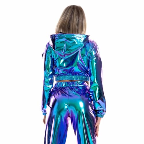 SNOMYRS Rave Outfit Plus Size Metallic Tops Langärmelige Kapuze Sportbekleidung Reflektierende holographische Musik Festival Outfits