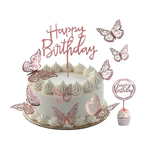 JOIYHY 26 Pièces Decoration Gateau Anniversaire,Papillon Decoration Gateau,Cake Topper pour Décorer Le Gâteau d'anniversaire pour Enfants, Adultes, Mère(Or Rose)