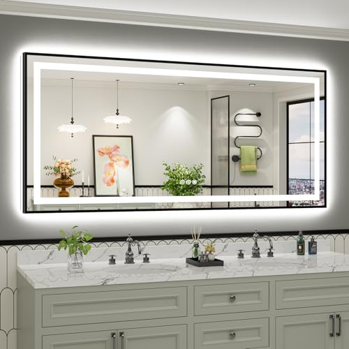 Image of 77x36 Inch LED Bathroom Mirror with Black Frame, Backlit & Front Lit, Anti-Fog Lighted Bathroom Vanity Mirror for Wall, Memory Function, Dimmable, HD Tempered Glass, Shatter-Proof