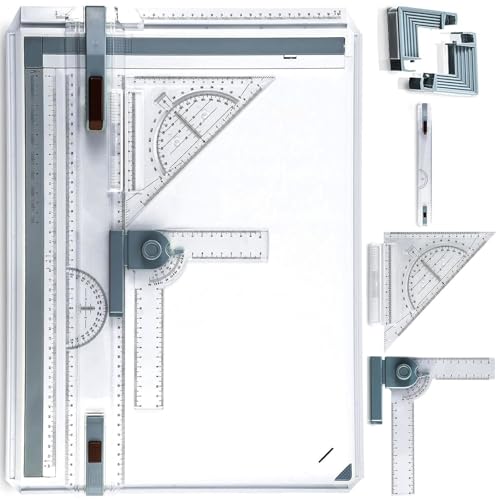 A3 Portable Drawing Table Board with Clear Rule Parallel Motion and Angle Adjustable Measuring System Multi-Function Metric Drawing Board Drafting Table for Engineering Students