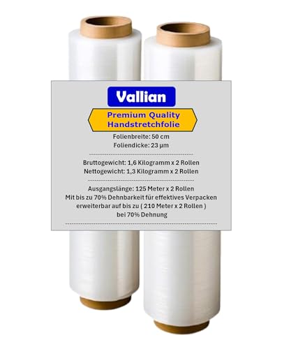 Vallian - Hand Stretchfolie 2 Rollen – Transparent – Folienbreite 50 cm, Stärke 23 μm, Bruttogewicht 1,6 kg pro Rolle, Nettogewicht 1,3 kg pro Rolle. Ideal zum Verpacken, Umziehen und Schützen.