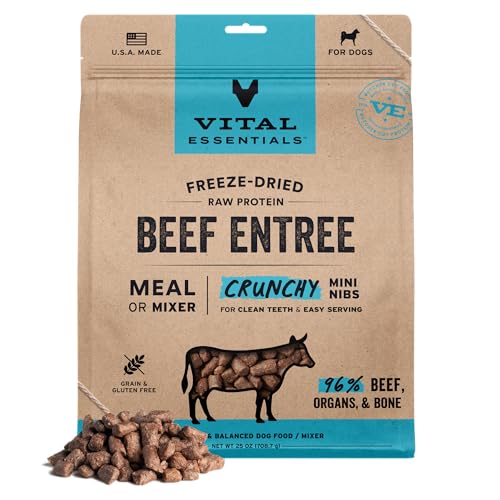 Vital Essentials Freeze-Dried Raw Beef Crunchy Mini Nibs | Complete Meal or Mixer Dog Food | 25 oz