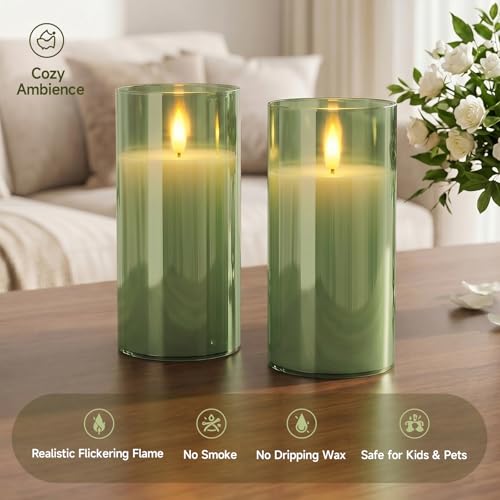 Image of Homemory Sage Green Glass Flameless Candles Battery Operated LED Pillar Candles with Remote and Timer, Real Wax Flickering Candles Home Decor, Wedding, Easter, Farmhouse, Table Centerpieces, Set of 2