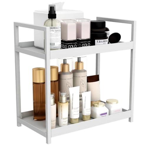 EUBSWA Badezimmer Organizer Regal – 2-stöckiges Badezimmer Regal, Stabiles Bad aus Kunststoff, Platzsparendes Badezimmerregal für Dusche, WC, Bad, Küche (Weiß)