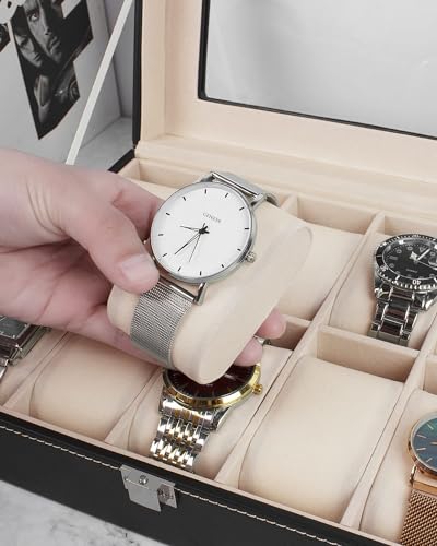 BEGHOME Watch Box 10 Slot Display Case Organizer Glass Storage with Pu Leather for Men and Women