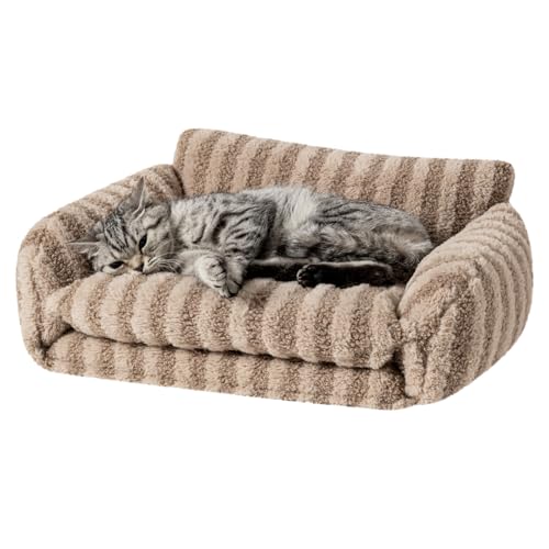 Hollypet Cat Bed Fluffy Plush Mutifuctional Double-Layer Soft Pet Couch Orthopedic Sofa Nest Beds for Small Cats and Dogs, Khaki (21x15x8 inch)