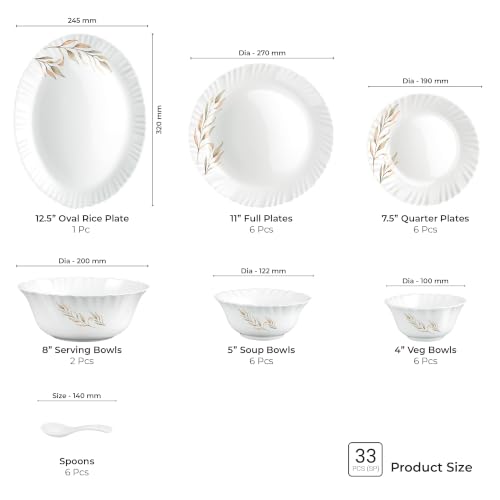 Image of Treo by Milton Opalware Aurelia Selene Dinner Set of 33 | Serving for 6 | Microwave & Dishwasher Safe | Bone-Ash Free | Tempered Toughness | Plates, Bowls, Spoons | Crockery Set for Dining & Gifting
