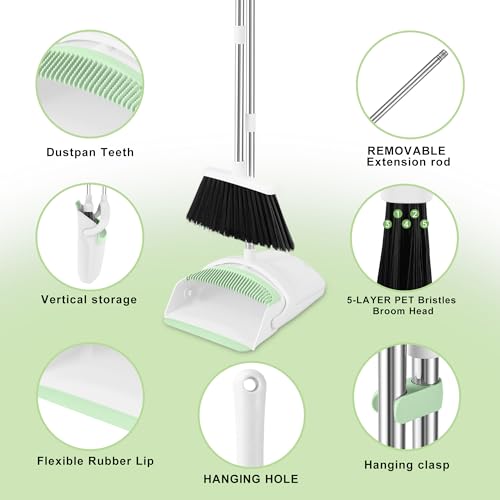 Image of Broom with Dustpan Combo Set for Home, 52-in Long Adjustable Handle Angle Broom and Dustpan Set with Dustpan Comb Teeth for Sweeping Pet Hair Food Dirt Kitchen (White-Green)