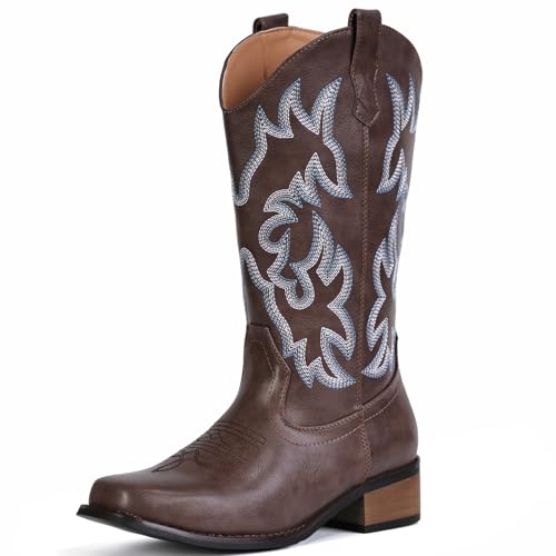Image of IUV Cowboy Boots For Women Square Toe Wide Mid Calf Western Pull On Suede Fashion Black Brown Cowgirl Boots